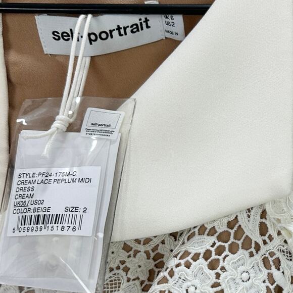 Self Portrait Cream Lace Peplum Midi Dress Wedding Bridal Cocktail US 2 NWT - Picture 9 of 16